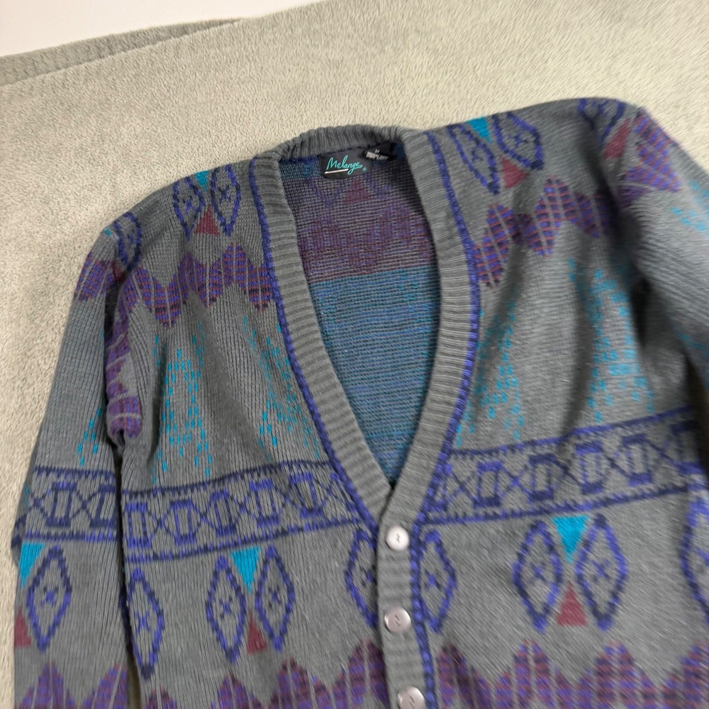 Vintage Melange Mens Medium Geometric Fair Isle Cardigan Sweater Grey Purple